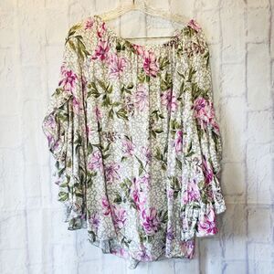 FEVER On or Off-Shoulder Floral Blouse Trumpet Sleeves